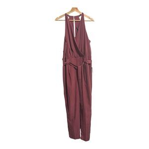 Express Sleeveless Jumpsuit Sz 14 Burgundy Faux Wrap Tapered Leg Belted